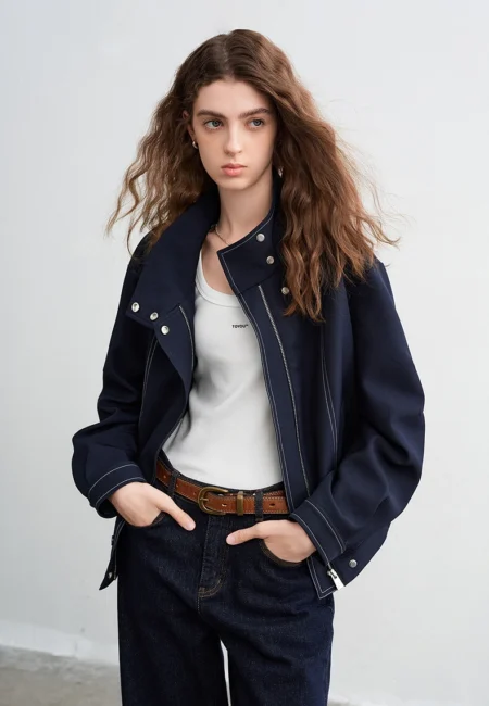 TOYOUTH Women Jackets 2026 Spring New Wrinkle Resistant High Stand Up Collar Vintage Navy Crisp Edgy Outerwear