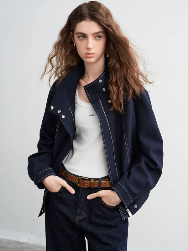 Moopsi 67 Toyouth Women Jackets 2026 Spring New Wrinkle Resistant High Stand Up Collar Vintage Navy Crisp Edgy Outerwear