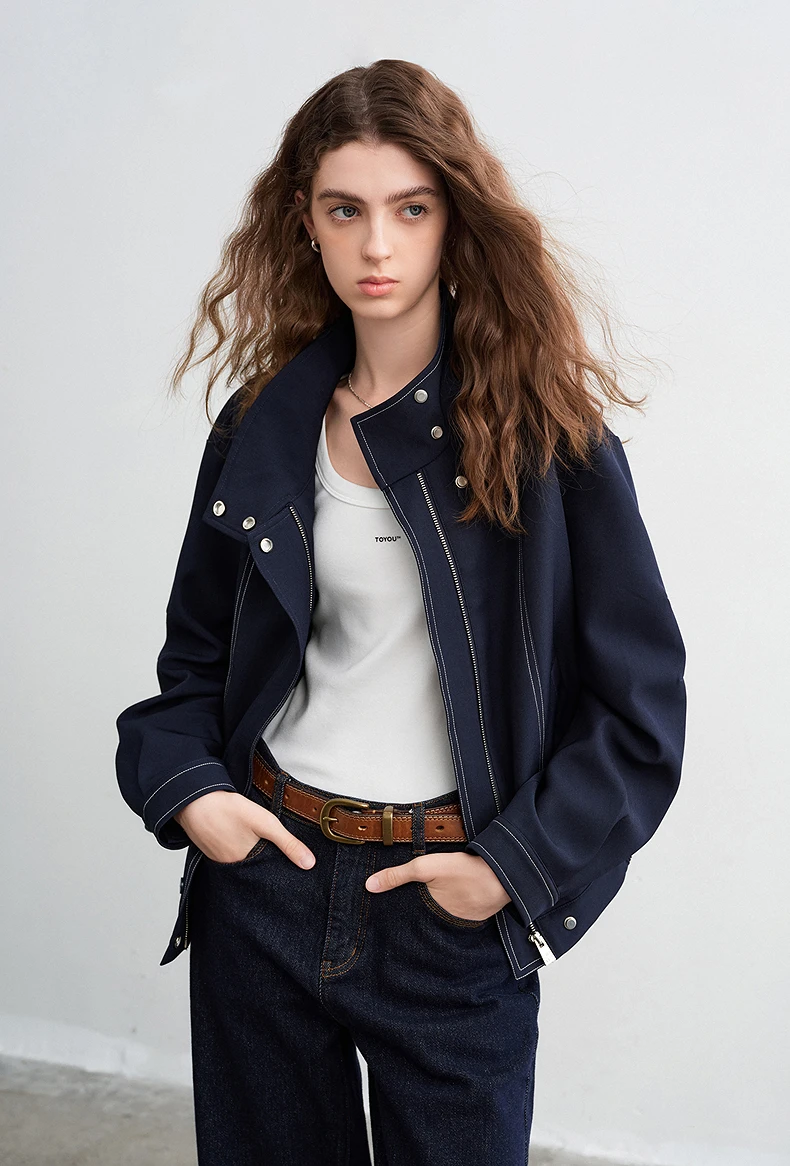Kf-S228Ca0D4A9D74D5A8C035E1Ebaf601451 Toyouth Women Jackets 2026 Spring New Wrinkle Resistant High Stand Up Collar Vintage Navy Crisp Edgy Outerwear