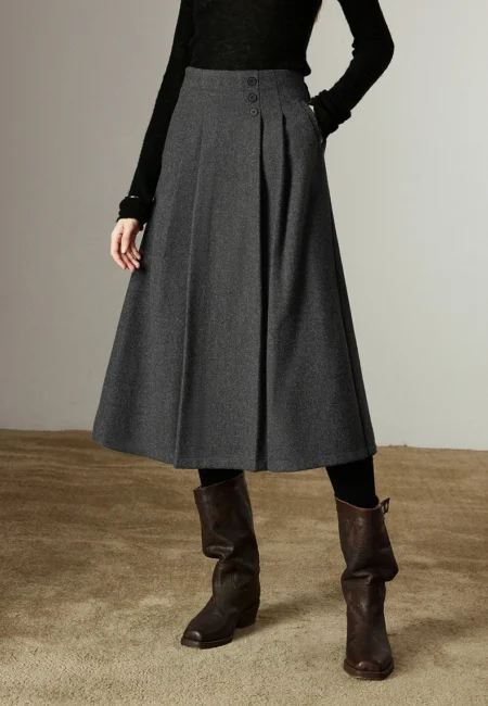 TOYOUTH Women Midi Skirts Winter New Back Elastic Waist Commuting Pleated Mixed color Woolen A line Pleated Skirts