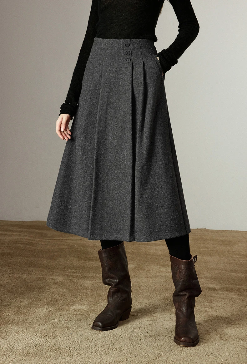 Kf-S228Ea15Eebd548E7A12Fe7A4De630E192 Toyouth Women Midi Skirts Winter New Back Elastic Waist Commuting Pleated Mixed Color Woolen A Line Pleated Skirts