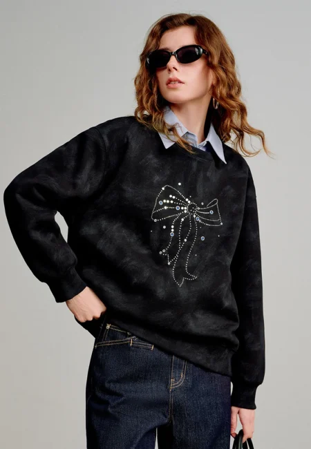 TOYOUTH Women Batik Cotton Sweatshirts 2026 Spring New Bow Rhinestone Crew Neck Loose Black Tops