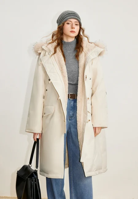 TOYOUTH Women Down Jackets Winter NewAsymmetric Mid Length Faux Rabbit Fleece Hooded Horn Button Jacket