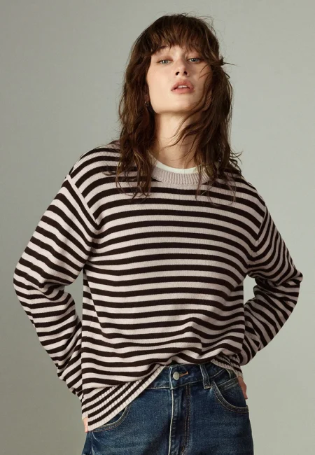 TOYOUTH Women Knitted Sweaters Winter New Retro Color block Striped Crew neck Loose Drop shoulder Tops