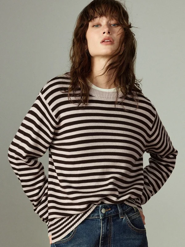 TOYOUTH Women Knitted Sweaters Winter New Retro Color block Striped Crew neck Loose Drop shoulder Tops