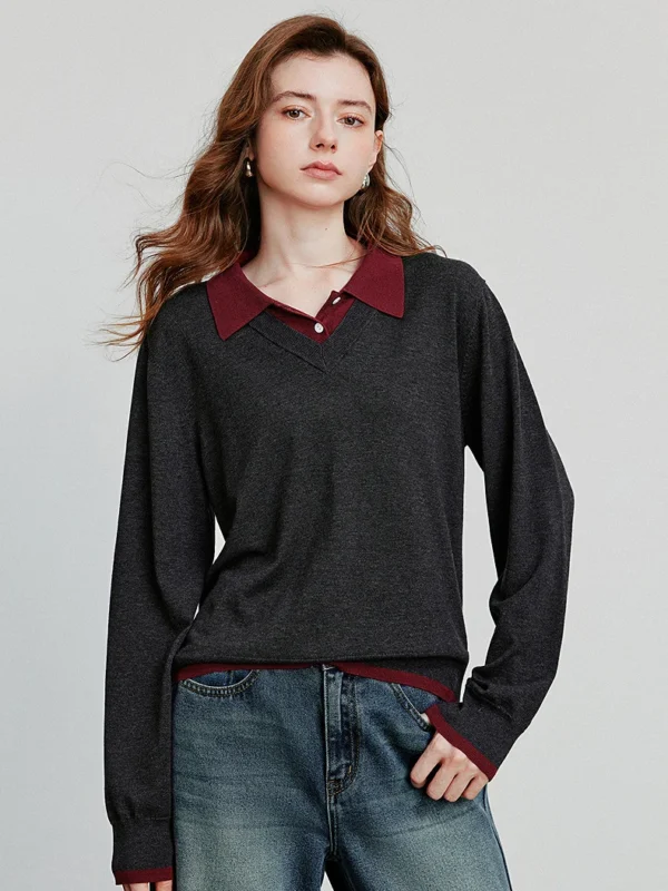 Moopsi 29 Toyouth Women Knitted Shirt Autumn New Collection: Lyocell Splicing Fake Two Piece Retro College Style Top