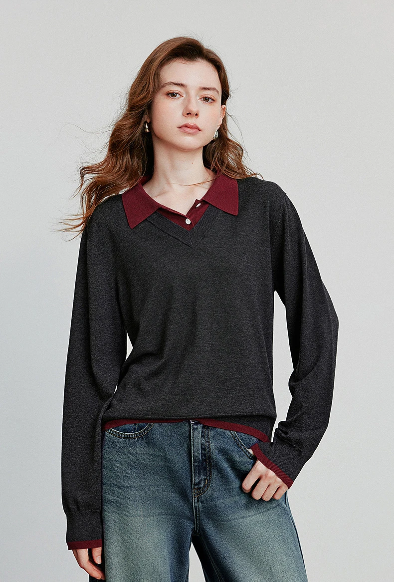 Kf-S2571F062Cd0A46Ae84Ea5199Be467D5Al Toyouth Women Knitted Shirt Autumn New Collection: Lyocell Splicing Fake Two Piece Retro College Style Top