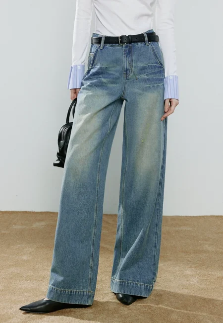 TOYOUTH Women Focus Denim 2026 Spring New Vintage Light Blue Faded Pleated Distressed Cotton Wide Leg Pants