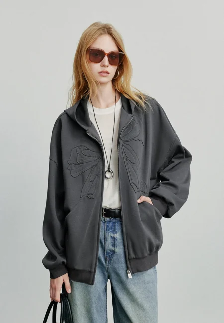 TOYOUTH Women Hooded Sweatshirt Autumn New Bowknot Zipper Closure Sport Casual Cardigan Jacket Dark Gray