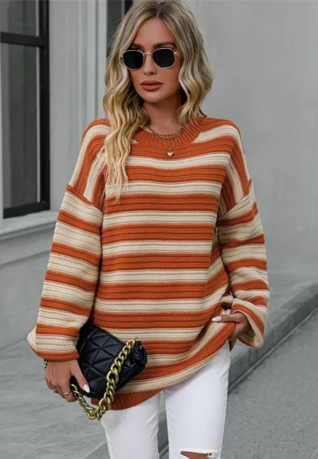 Fairyshely Autumn Winter Long Sleeve Striped Sweater Women Casual O Neck Patchwork Pullover Ladies Loose Knit Warm Jumpers