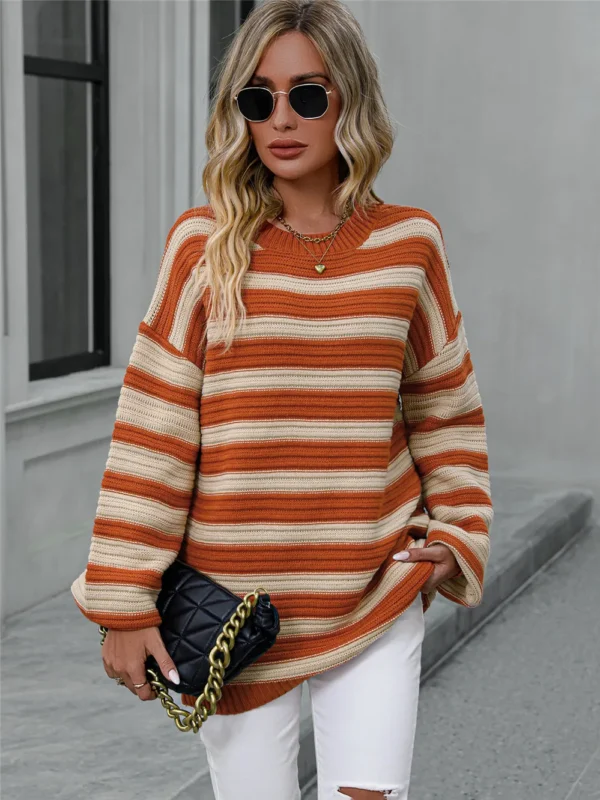 Fairyshely Autumn Winter Long Sleeve Striped Sweater Women Casual O Neck Patchwork Pullover Ladies Loose Knit Warm Jumpers