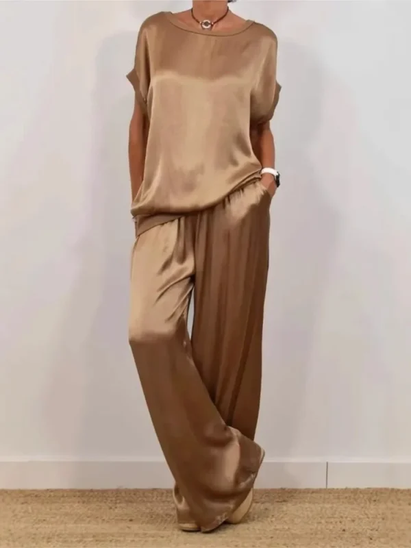 Summer Satin 2-Piece Set: Stylish O Neck Top & Wide-Leg Pants