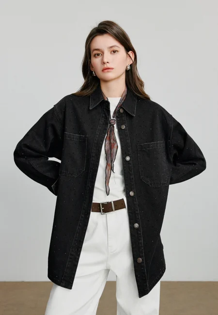 TOYOUTH Women Denim Jacket Autumn New Punk Diamond Medium Length Turn Down Collar Cardigan Jacket