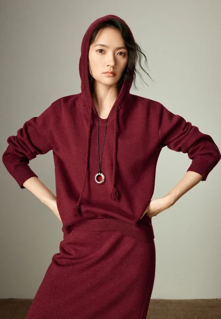 TOYOUTH Women Wine Red Hooded Sweater & Bodycon Skirt Winter New Two piece Set Annual Party New Year Outfit