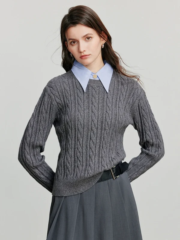 TOYOUTH Women Long Sleeve Knitted Sweater Autumn New Splicing Turn Down Neck Fake Two Piece Retro Pullover Tops