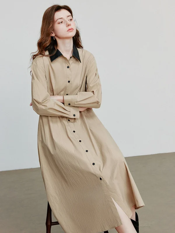 TOYOUTH Women Dress Autumn New Barn Style Splicing Turn Down Collar Single Breasted Button Fit Shirt Dress