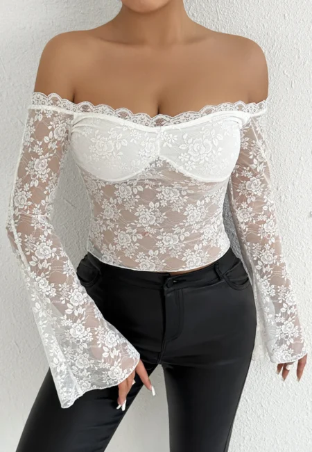 Fairyshely Spring White Lace Short Y2K Top Women Ruffle Off Shoulder Bodycon Tops Lady Long Sleeve Club Party Clothes