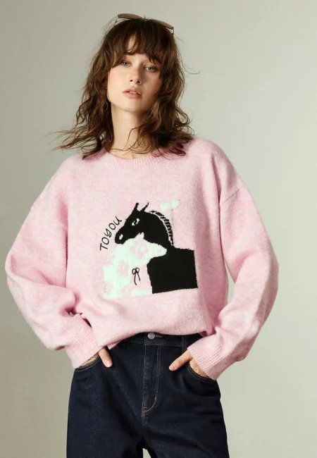 TOYOUTH Women Knitwear Winter New Wool Blend Crew Neck Loose Horse Jacquard Sweater Tops