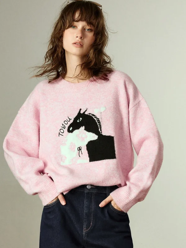 Moopsi 67 Toyouth Women Knitwear Winter New Wool Blend Crew Neck Loose Horse Jacquard Sweater Tops