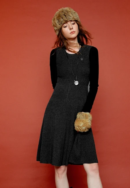 TOYOUTH Women Wool Blend Soft Knit Dresses 2026 Spring New Sleeveless Waist ming Mid Length A Line Skirts