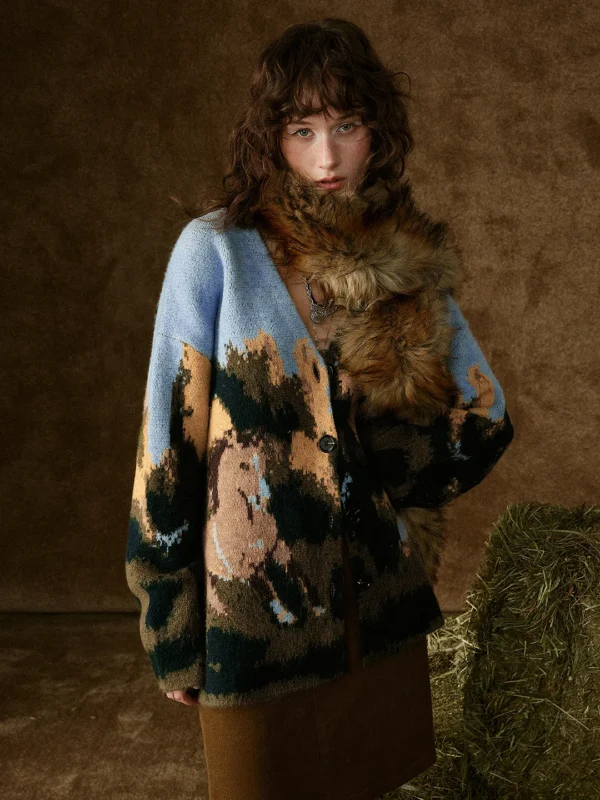 Moopsi 29 TOYOUTH Women Knitted Coats Winter New Wild Horse Oil Painting Pattern V Neck Cardigan Outerwear