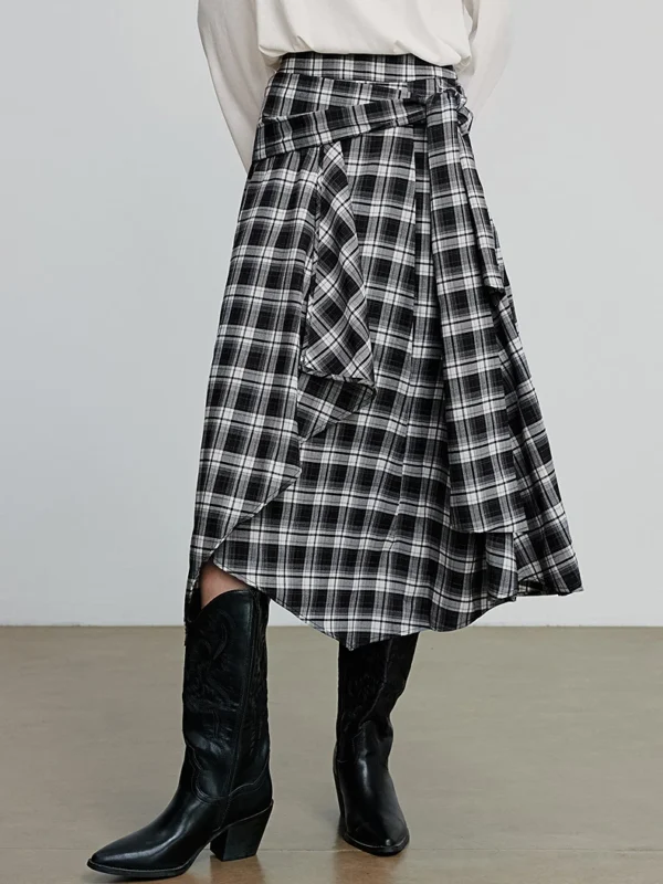 Moopsi 65 Toyouth Women Skirt Autumn New Boho Style Waistband Design Grid Irregular Mid Length Skirt