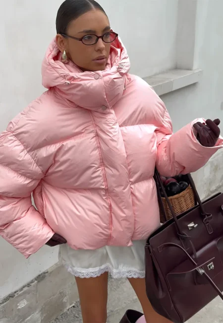 Casual Pink Loose Down Cotton Coat 2026 Female Women Long Sleeve Zipper Jacket Winter Lady Hooded Warm Thick Short Outwear