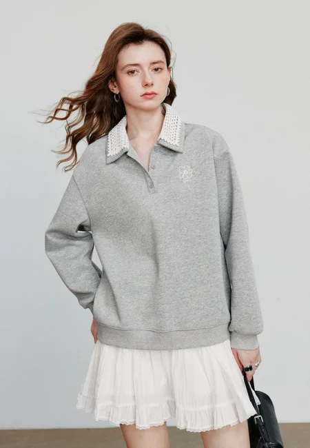 TOYOUTH Women Sweatshirt Autumn New Green Velvet Embroidery Contrasting Color Splicing Double Layer Collar Pullover Hoodies