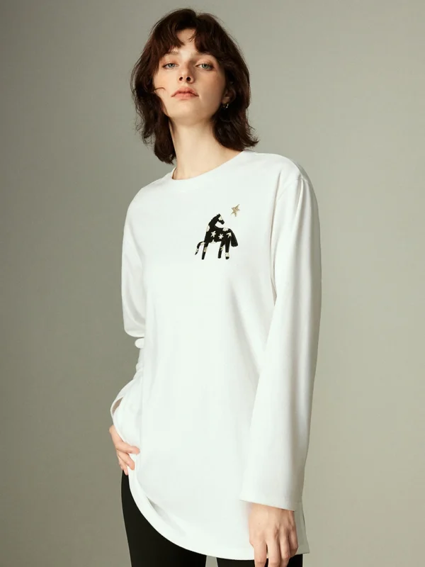 TOYOUTH Women's Far infrared Heating Warm T shirt Winter New Mongolian Horse Embroidery Loose Base Layer Top