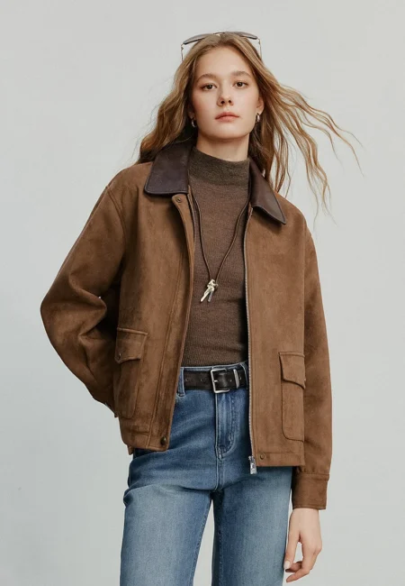 TOYOUTH Women Jacket coat Autumn New Vingtage Barn Style Suede Leather Patchwork Collar Jacket Brown