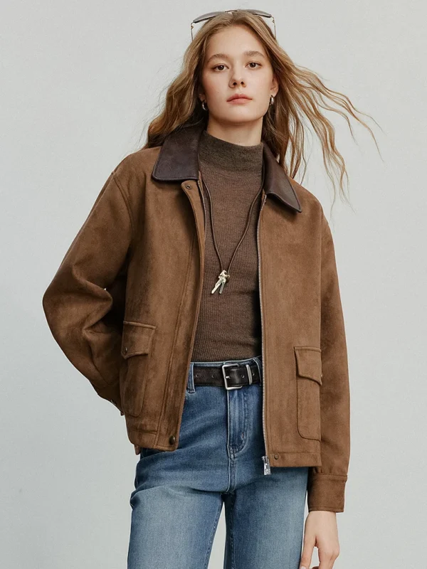 TOYOUTH Women Jacket coat Autumn New Vingtage Barn Style Suede Leather Patchwork Collar Jacket Brown