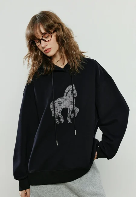 TOYOUTH Women Hoodies Winter New Loose Crew neck Warm Applique Embroidery Tops