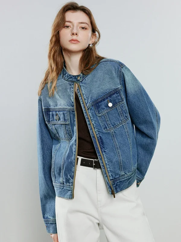 Stand-Out Women'S Denim Jacket With Stylish Zipper Details 3 Toyouth Women Denim Jackets 2026 Spring New Stand Collar Contrast Color Metal Zipper American Casual Coats