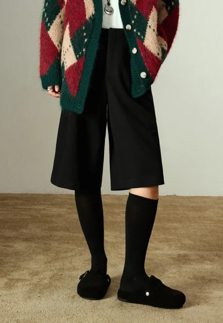 TOYOUTH Women Capris Winter New Pleated Wide Leg Elegant Commuting Casual Warm Wool Blend Trousers