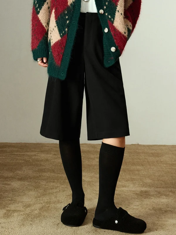 TOYOUTH Women Capris Winter New Pleated Wide Leg Elegant Commuting Casual Warm Wool Blend Trousers