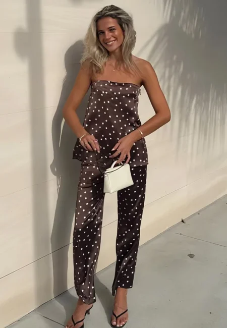MUJER Polka Dot Pants Set Women 2 Piece Satin High Waist Woman Trousers Suits Corset Crop Top Woman Summer Outfit Women's Pants