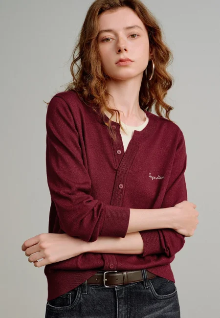 TOYOUTH Women Wool Blend Knit Tops 2026 Spring New Color Block Fake Two Piece Wine Red Letter Embroidery Blouses