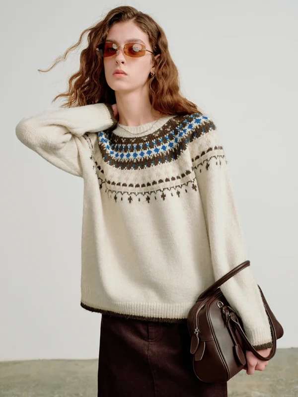 Moopsi 59 Toyouth Women Marled Faux Rabbit Fur Knitwear 2026 Spring New Fair Isle Jacquard Sweaters Tops