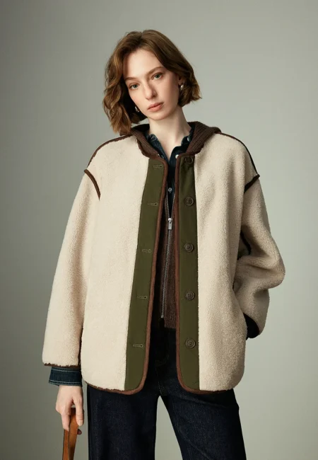 TOYOUTH Women's Wheat Velvet Cotton Coat Winter New Colorblock Patchwork Round Collar Warm Suede Loose Outerwear