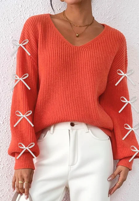 Fairyshely Autumn Winter V Neck Solid Knitted Sweater Women Casual Orange Pullover Ladies Bow Long Sleeve Loose Jumper