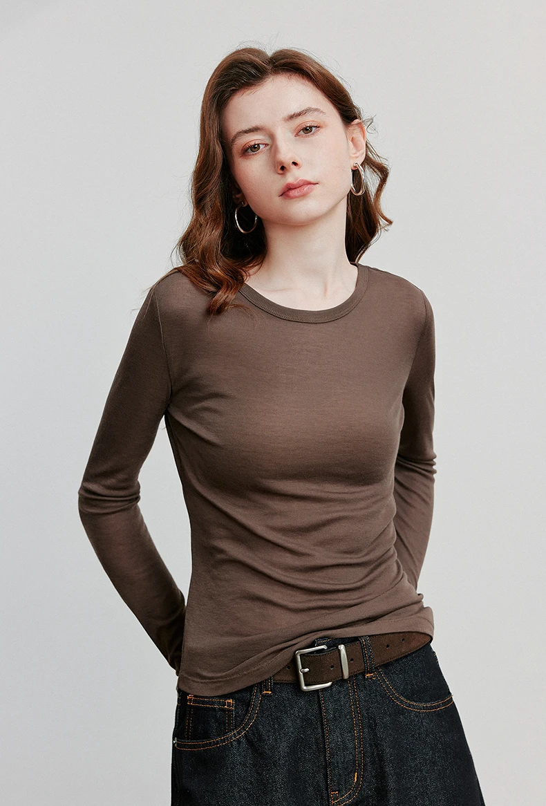 kf-S46d1fca6af46420f9557f3baf1da1ee2o TOYOUTH Women T shirt Autumn New Slanted Hem Lyocell Wool Fit Long Sleeve Base Tops