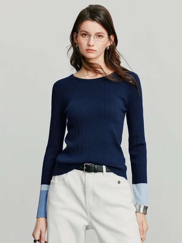 TOYOUTH Women Knitted Sweater Autumn New Wool Contrast Splicing Sleeve Fit Pullover Bottom Tops