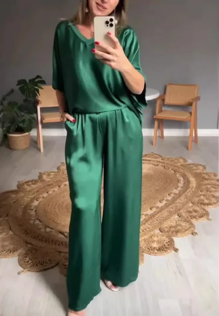 Summer Short sleeved T shirt Two piece Set For Women V neck Top Pullover Wide leg Pants Suit For Women Spring Loose Satin Suit