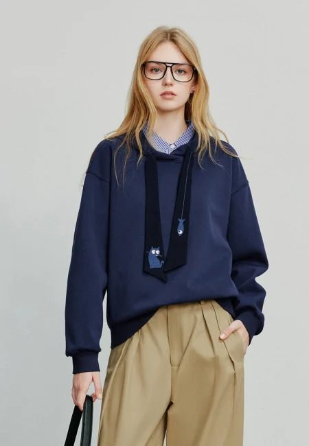 TOYOUTH Women Hoodies Sweatshirt Autumn New College Style Cat Embroidery Tie Cotton Hooded Pullover Tops