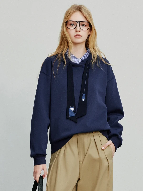 TOYOUTH Women Hoodies Sweatshirt Autumn New College Style Cat Embroidery Tie Cotton Hooded Pullover Tops