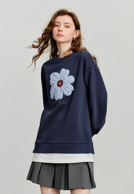 TOYOUTH Women Hoodies Sweatshirt Autumn New Plush Flower Printed Contrasting Color Splicing Fake Two Piece Cotton Pullover