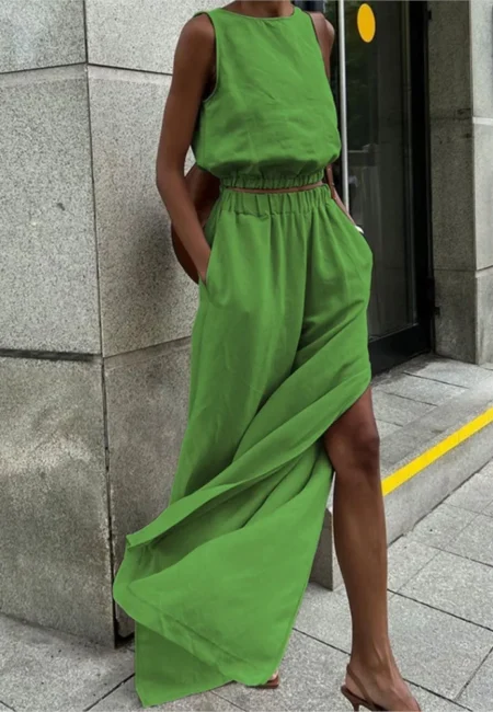 New Summer Casual Cotton Linen Suit Fashion O neck Pullover Split Pant Outfits Women Elegant Elastic Waist Solid Loose 2Pc Sets