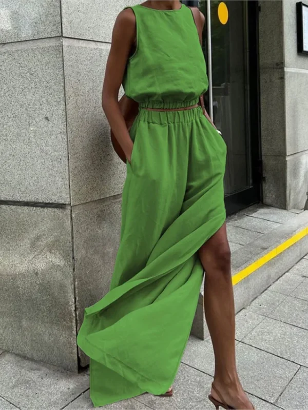 New Summer Casual Cotton Linen Suit Fashion O neck Pullover Split Pant Outfits Women Elegant Elastic Waist Solid Loose 2Pc Sets