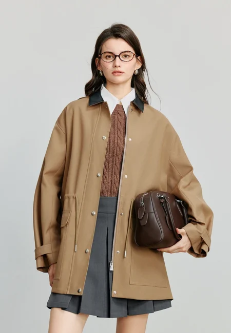 TOYOUTH Women Trench Coat Autumn New Barn Style Patchwork Collar Snap Button Mid Length Retro Workwear Jacket Coat