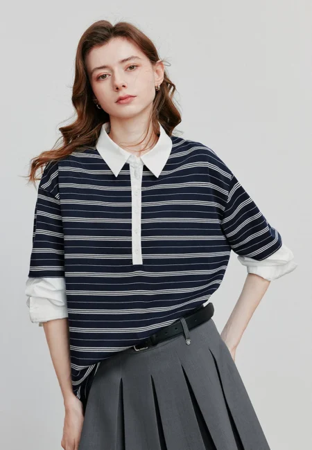 TOYOUTH Women Hoodies Sweatshirt Autumn New Spliced Fake Two Piece Polo Collar Striped Casual Pullover Tops